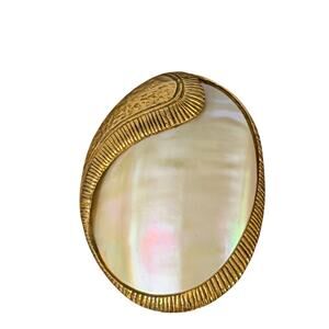 Vintage Iridescent White Shell Gold Metal Pin Brooch Large 2.5"